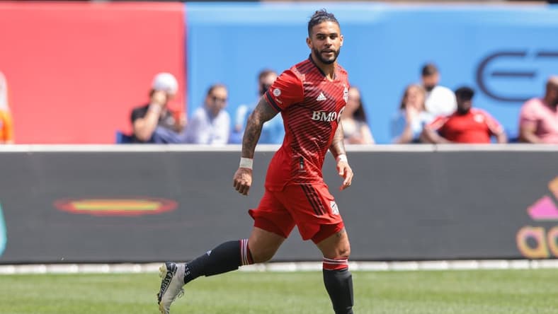 May 15, 2021; New York, New York, USA; Toronto FC forward Dom Dwyer (6) in action during the second half against New York City at Yankee Stadium. Mandatory Credit: Vincent Carchietta-USA TODAY Sports