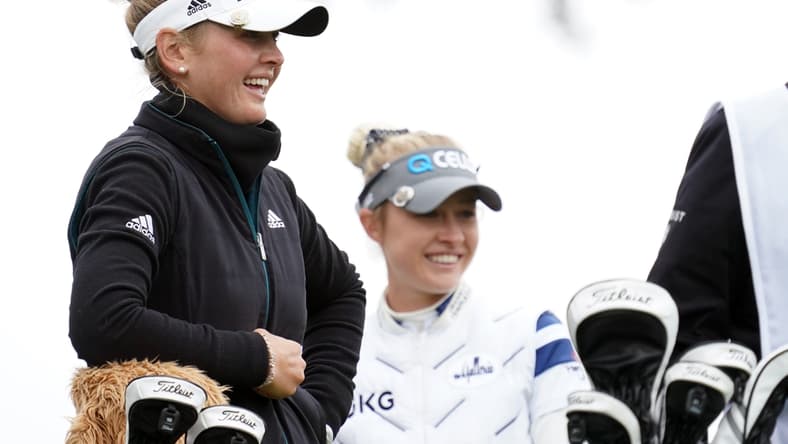 Jun 4, 2021; San Francisco, California, USA; Jessica Korda and Nelly Korda on the 11th tee box during the second round of the U.S. Women's Open golf tournament at The Olympic Club. Mandatory Credit: Kyle Terada-USA TODAY Sports