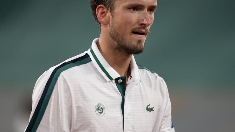 Jun 8, 2021; Paris, France; Daniil Medvedev (RUS) during his match against Stefanos Tsitsipas (GRE) on day 10 of the French Open at Stade Roland Garros. Mandatory Credit: Susan Mullane-USA TODAY Sports