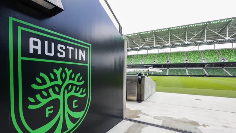 Jun 9, 2021; Austin, TX, United States; The Austin FC logo is painted on the wall at the exit of the players tunnel at Q2 Stadium, home of the new MLS team Austin FC. Mandatory Credit: Erich Schlegel-USA TODAY Sports