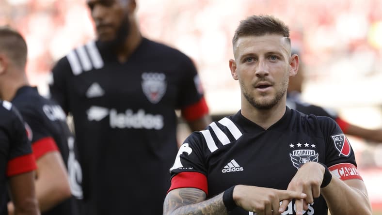 Jul 3, 2021; Washington, DC, USA; D.C. United forward Paul Arriola (7) celebrates after scoring a goal against Toronto FC in the second half at Audi Field. Mandatory Credit: Geoff Burke-USA TODAY Sports