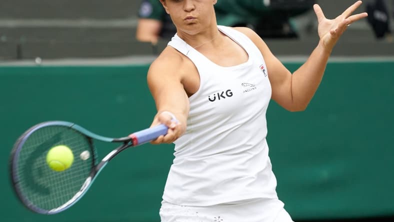Jul 10, 2021; London, United Kingdom; Ashleigh Barty (AUS) seen playing against Karolina Pliskova (CZE) in the women s final at All England Lawn Tennis and Croquet Club. Mandatory Credit: Peter van den Berg-USA TODAY Sports