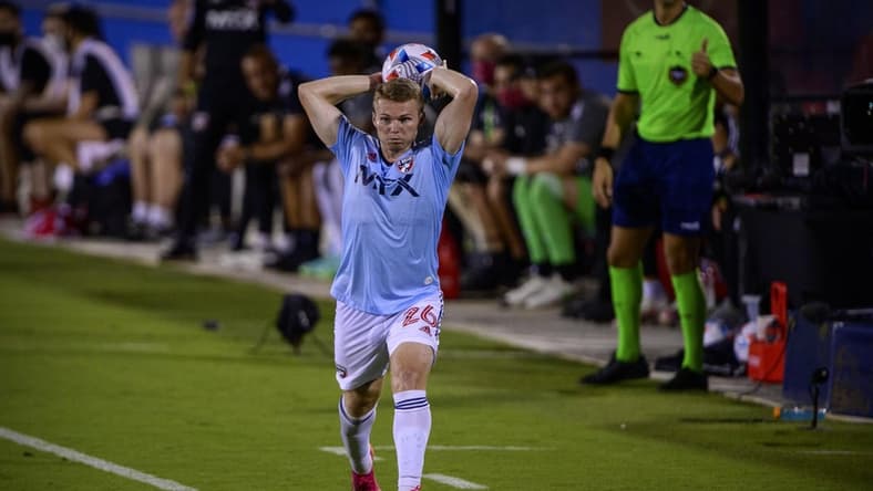 Jun 27, 2021; Frisco, Texas, USA; FC Dallas defender John Nelson (26) in action during the game between FC Dallas and the New England Revolution at Toyota Stadium. Mandatory Credit: Jerome Miron-USA TODAY Sports