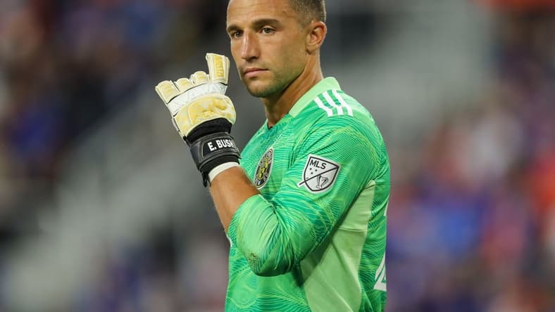 Jul 9, 2021; Cincinnati, OH, USA; Columbus Crew SC goalkeeper Evan Bush (24) during the second half against FC Cincinnati at TQL Stadium. Mandatory Credit: Katie Stratman-USA TODAY Sports