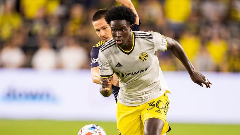 Jul 21, 2021; Columbus, Ohio, USA; Columbus Crew defender Aboubacar Keita (30) dribbles the ball while Nashville SC midfielder Alex Muyl (19) defends in the second half at Lower.com Stadium. Mandatory Credit: Trevor Ruszkowski-USA TODAY Sports