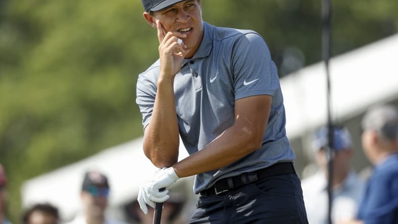 Jul 25, 2021; Blaine, Minnesota, USA; Cameron Champ watches his shot from the 14th tee box during the final round of the 3M Open golf tournament. Mandatory Credit: Bruce Kluckhohn-USA TODAY Sports