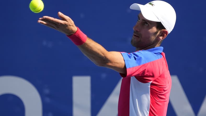 Jul 31, 2021; Tokyo, Japan; Novak Djokovic (SRB) plays Pablo Carreno Busta (ESP) in the men's tennis bronze medal match during the Tokyo 2020 Olympic Summer Games at Ariake Tennis Park. Mandatory Credit: Robert Deutsch-USA TODAY Sports