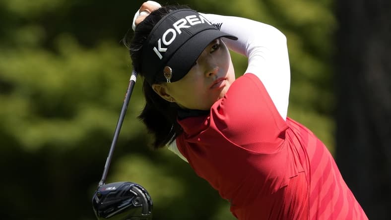 Aug 6, 2021; Tokyo, Japan; Jin Young Ko (KOR) tees off on the 18th hole during the third round of the women's individual stroke play of the Tokyo 2020 Olympic Summer Games at Kasumigaseki Country Club. Mandatory Credit: Michael Madrid-USA TODAY Sports