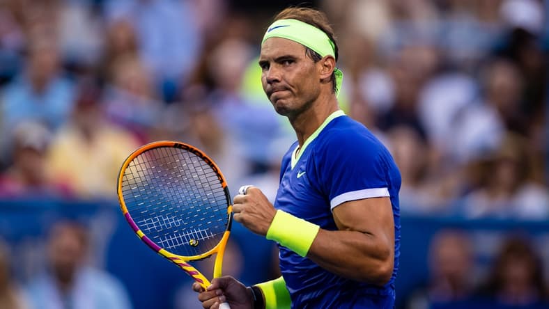 Aug 4, 2021; Washington, DC, USA; Rafael Nadal of Spain celebrates against Jack Sock of the United States (not pictured) during the Citi Open at Rock Creek Park Tennis Center. Mandatory Credit: Scott Taetsch-USA TODAY Sports