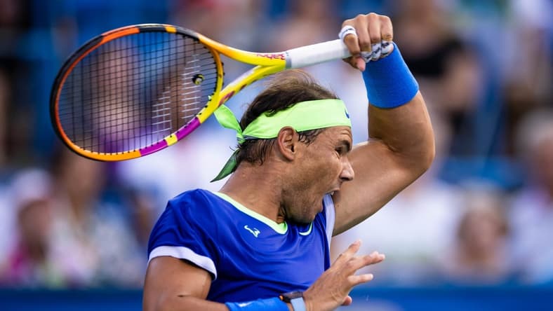 Aug 5, 2021; Washington, DC, USA; Rafael Nadal of Spain in action against Lloyd Harris of South Africa (not pictured) during the Citi Open at Rock Creek Park Tennis Center. Mandatory Credit: Scott Taetsch-USA TODAY Sports