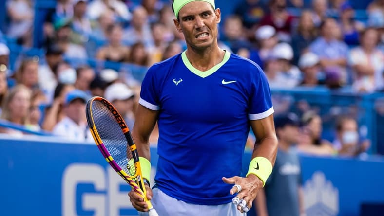 Aug 4, 2021; Washington, DC, USA; Rafael Nadal of Spain reacts against Jack Sock of the United States (not pictured) during the Citi Open at Rock Creek Park Tennis Center. Mandatory Credit: Scott Taetsch-USA TODAY Sports