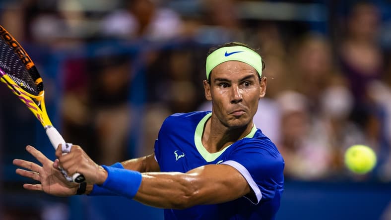 Aug 5, 2021; Washington, DC, USA; Rafael Nadal of Spain hits a backhand against Lloyd Harris of South Africa (not pictured) during the Citi Open at Rock Creek Park Tennis Center. Mandatory Credit: Scott Taetsch-USA TODAY Sports