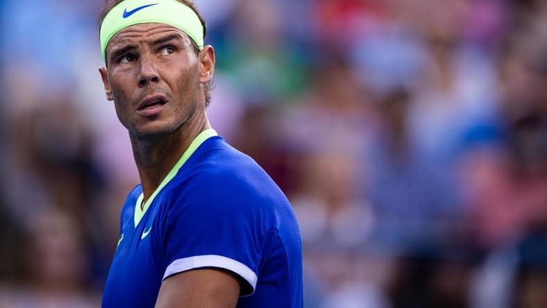 Aug 5, 2021; Washington, DC, USA; Rafael Nadal of Spain looks on against Lloyd Harris of South Africa (not pictured) during the Citi Open at Rock Creek Park Tennis Center. Mandatory Credit: Scott Taetsch-USA TODAY Sports