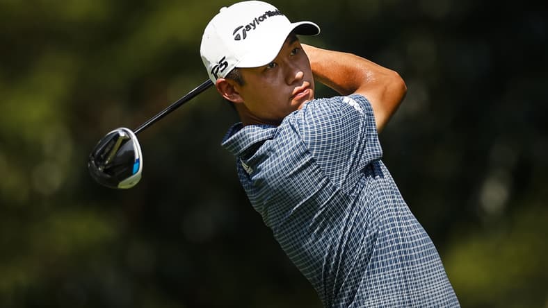Aug 27, 2021; Owings Mills, Maryland, USA; Collin Morikawa plays his shot from the second tee during the second round of the BMW Championship golf tournament. Mandatory Credit: Scott Taetsch-USA TODAY Sports
