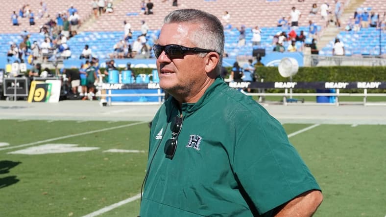 Aug 28, 2021; Pasadena, California, USA; Hawaii Rainbow Warriors head coach Todd Graham reacts at the end of the game against the UCLA Bruins at Rose Bowl. Mandatory Credit: Kirby Lee-USA TODAY Sports