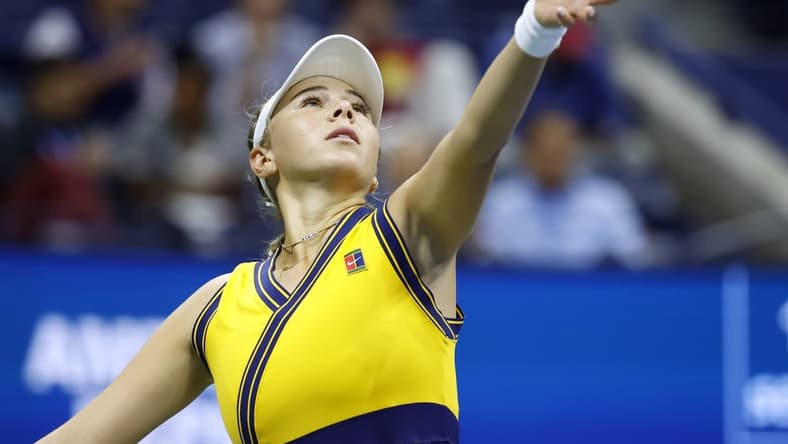 Amanda Anisimova of the United States serves against Karolina Pliskova of Czech Republic in a second round match on day four of the 2021 U.S. Open tennis tournament at USTA Billie Jean King National Tennis Center. Mandatory Credit: Jerry Lai-USA TODAY Sports