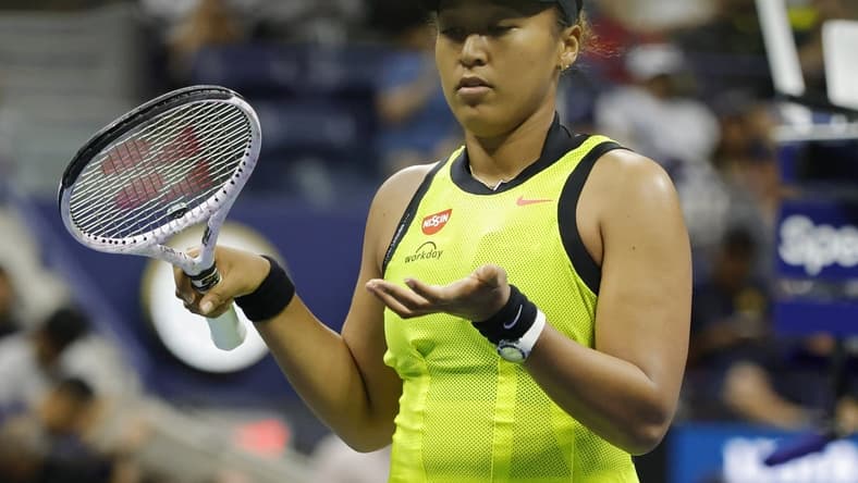 Sep 3, 2021; Flushing, NY, USA; Naomi Osaka of Japan gestures after missing a shot against Leylah Annie Fernandez of Canada (not pictured) on day five of the 2021 U.S. Open tennis tournament at USTA Billie Jean King National Tennis Center. Mandatory Credit: Geoff Burke-USA TODAY Sports