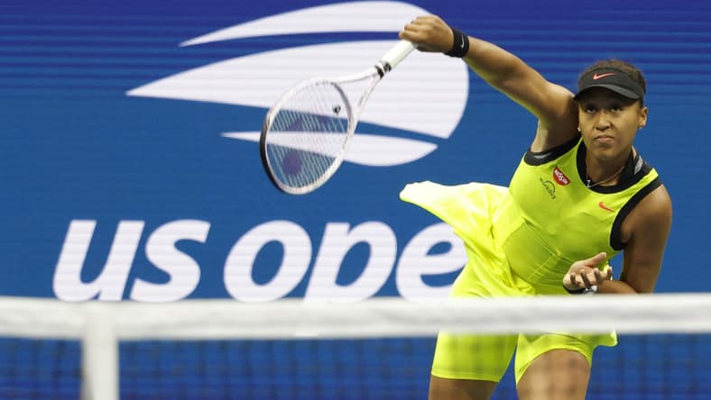 Sep 3, 2021; Flushing, NY, USA; Naomi Osaka of Japan serves against Leylah Annie Fernandez of Canada (not pictured) on day five of the 2021 U.S. Open tennis tournament at USTA Billie Jean King National Tennis Center. Mandatory Credit: Geoff Burke-USA TODAY Sports