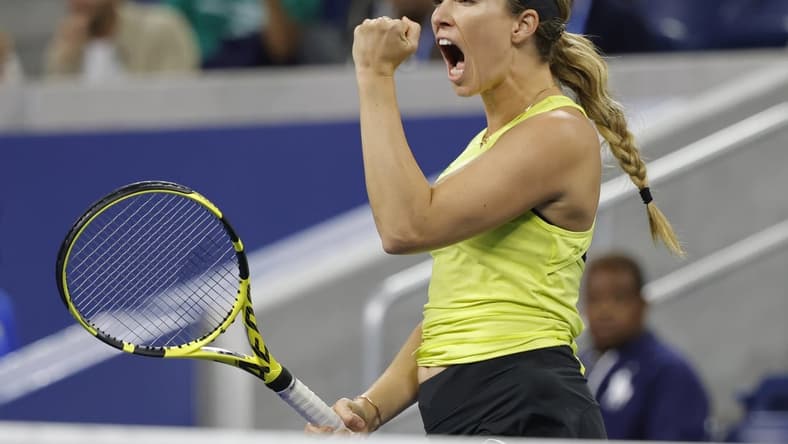 Sep 3, 2021; Flushing, NY, USA; Danielle Collins of the United States reacts after winning a point against Arnya Sabalenka of Belarus (not pictured) on day five of the 2021 U.S. Open tennis tournament at USTA Billie Jean King National Tennis Center. Mandatory Credit: Geoff Burke-USA TODAY Sports