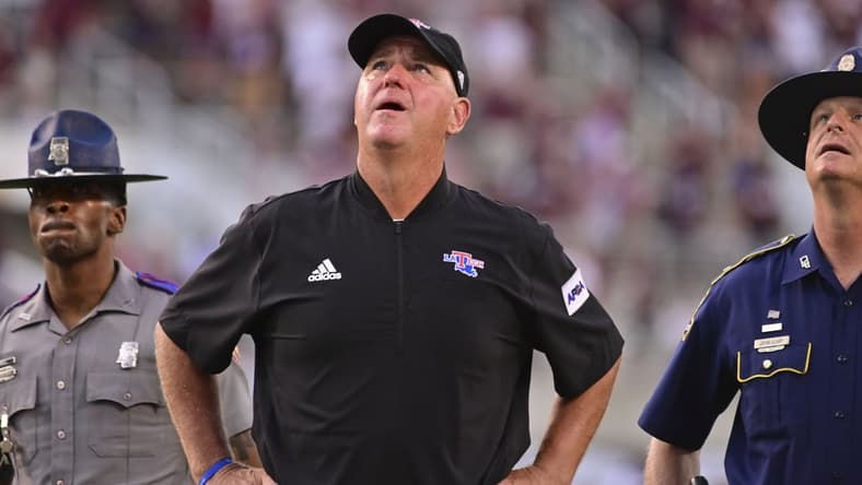 Sep 4, 2021; Starkville, Mississippi, USA; Louisiana Tech Bulldogs head coach Skip Holtz reacts as he watches a replay of the final play of the game against the Mississippi State Bulldogs at Davis Wade Stadium at Scott Field. Mandatory Credit: Matt Bush-USA TODAY Sports