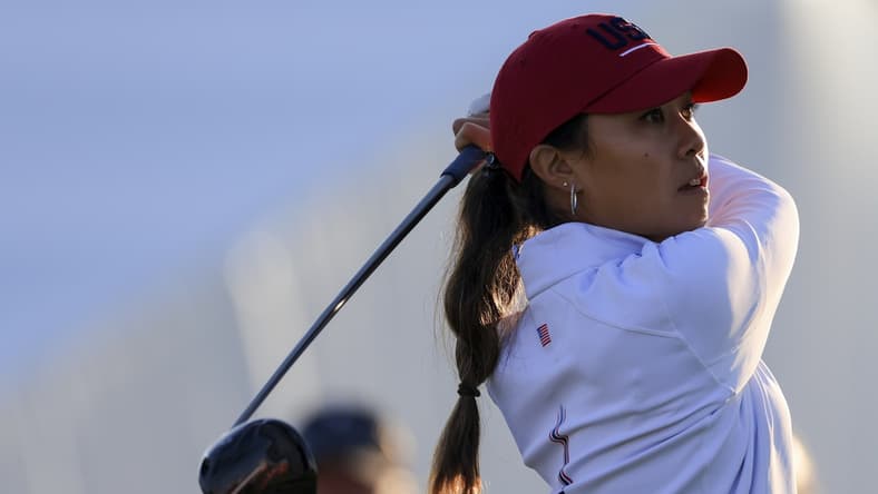 Sep 5, 2021; Toledo, Ohio, USA; Danielle Kang of Team USA watches her tee shot on the sixth hole during competition rounds of the Solheim Cup golf tournament at Inverness Club. Mandatory Credit: Aaron Doster-USA TODAY Sports
