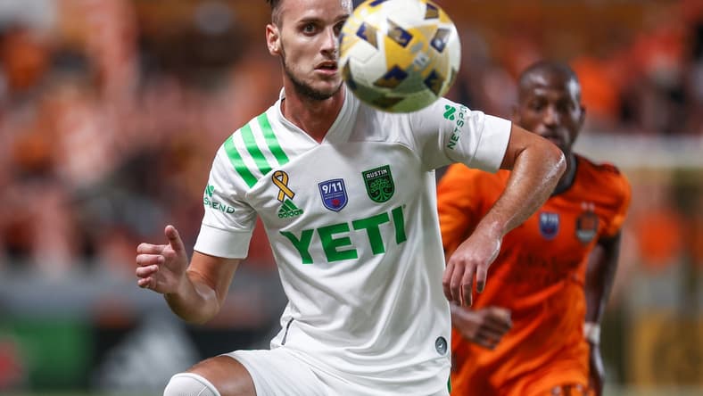 Sep 11, 2021; Houston, Texas, USA; Austin FC midfielder Tomas Pochettino (7) in action against the Houston Dynamo FC at BBVA Stadium. Mandatory Credit: Troy Taormina-USA TODAY Sports