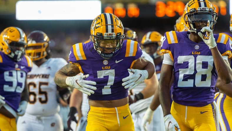 Sep 18, 2021; Baton Rouge, LA, USA; LSU Tigers cornerback Derek Stingley Jr. (7) reacts after making a tackle against the Central Michigan Chippewas at Tiger Stadium. Mandatory Credit: Scott Clause/The Advertiser via USA TODAY NETWORK