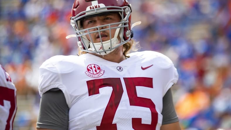 Sep 18, 2021; Gainesville, Florida, USA; Alabama Crimson Tide offensive lineman Tommy Brown (75) against the Florida Gators at Ben Hill Griffin Stadium. Mandatory Credit: Mark J. Rebilas-USA TODAY Sports