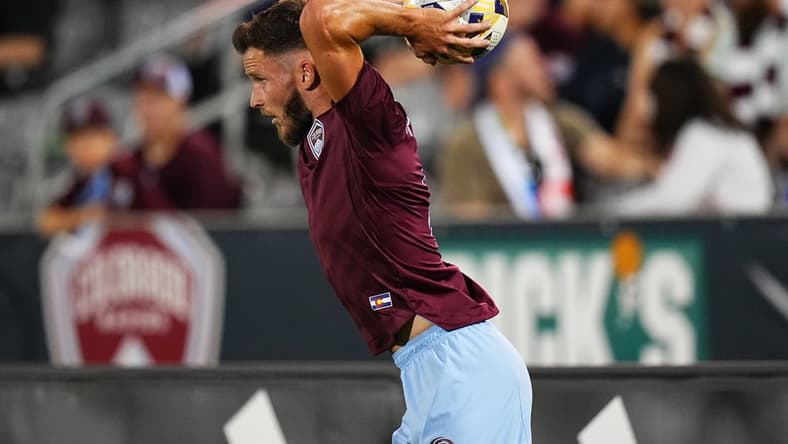 Sep 25, 2021; Commerce City, Colorado, USA; Colorado Rapids defender Keegan Rosenberry (2) looks to inbound the ball during the second half against Toronto FC at Dick's Sporting Goods Park. Mandatory Credit: Ron Chenoy-USA TODAY Sports