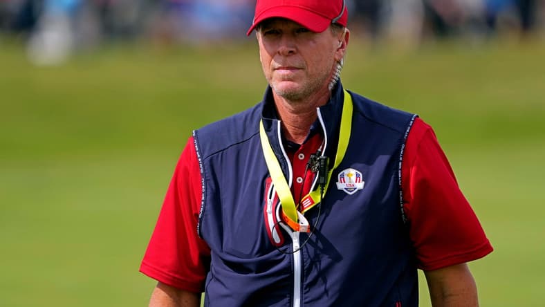 Sep 26, 2021; Haven, Wisconsin, USA; Team USA captain Steve Stricker on the first hole during day two four-ball rounds for the 43rd Ryder Cup golf competition at Whistling Straits. Mandatory Credit: Kyle Terada-USA TODAY Sports