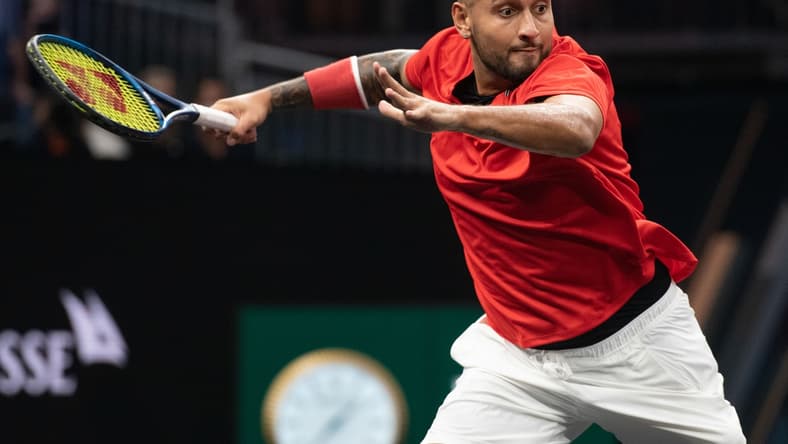 Sep 25, 2021; Boston, MA, USA; Team World player Nick Kyrgios in action during his match against Team Europe player Stefanos Tsitsipas at TD Garden. Stefanos Tsitsipas wins the match 6-3, 6-4. Mandatory Credit: Richard Cashin-USA TODAY Sports