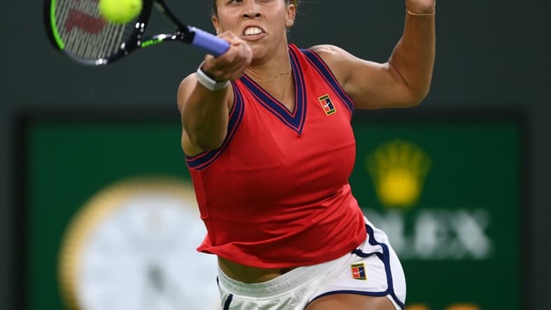 Oct 6, 2021; Indian Wells, CA, USA; Madison Keys (USA) hits a shot during her first round match against Kaia Kanepi (EST) during the BNP Paribas Open at the Indian Wells Tennis Garden. Mandatory Credit: Jayne Kamin-Oncea-USA TODAY Sports