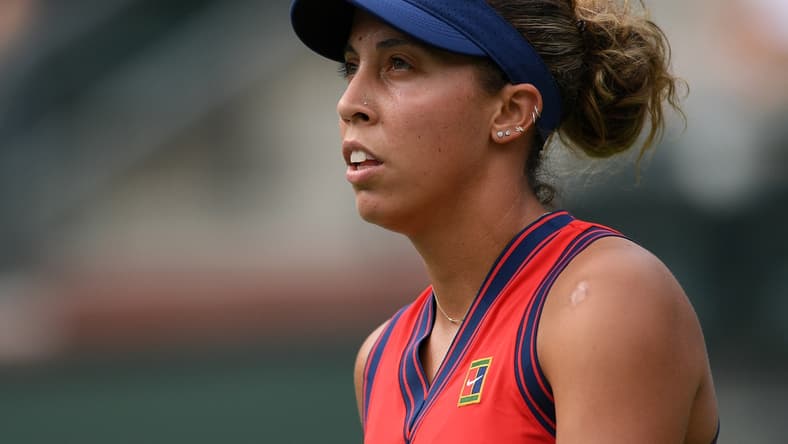 Oct 8, 2021; Indian Wells, CA, USA; Madison Keys (USA) looks on against Anastasia Pavlyuchenkova (RUS) at Indian Wells Tennis Garden. Mandatory Credit: Orlando Ramirez-USA TODAY Sports