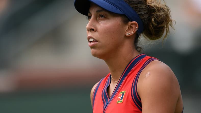 Oct 8, 2021; Indian Wells, CA, USA; Madison Keys (USA) looks on against Anastasia Pavlyuchenkova (RUS) at Indian Wells Tennis Garden. Mandatory Credit: Orlando Ramirez-USA TODAY Sports
