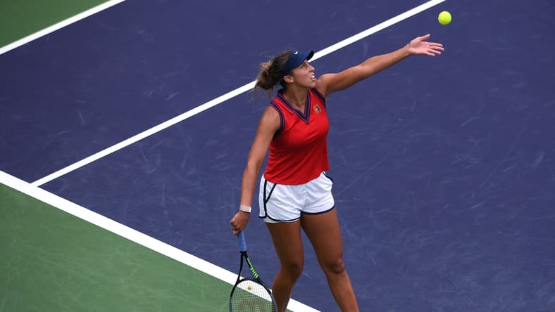 Oct 8, 2021; Indian Wells, CA, USA; Madison Keys (USA) serves to Anastasia Pavlyuchenkova (RUS) at Indian Wells Tennis Garden. Mandatory Credit: Orlando Ramirez-USA TODAY Sports