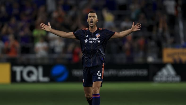 Oct 9, 2021; Cincinnati, OH, USA; FC Cincinnati midfielder Haris Medunjanin (6) screams as he reacts to scoring a goal against the Philadelphia Union in the second half at TQL Stadium. Mandatory Credit: Aaron Doster-USA TODAY Sports