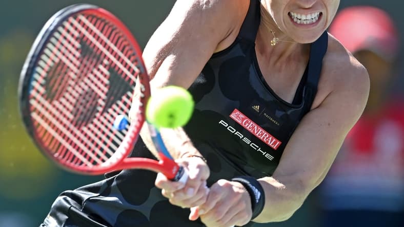 Oct 11, 2021; Indian Wells, CA, USA; Angelique Kerber (GER) hits a shot during her third round match against Daria Kasatkina (RUS) in the BNP Paribas Open at the Indian Wells Tennis Garden. Mandatory Credit: Jayne Kamin-Oncea-USA TODAY Sports