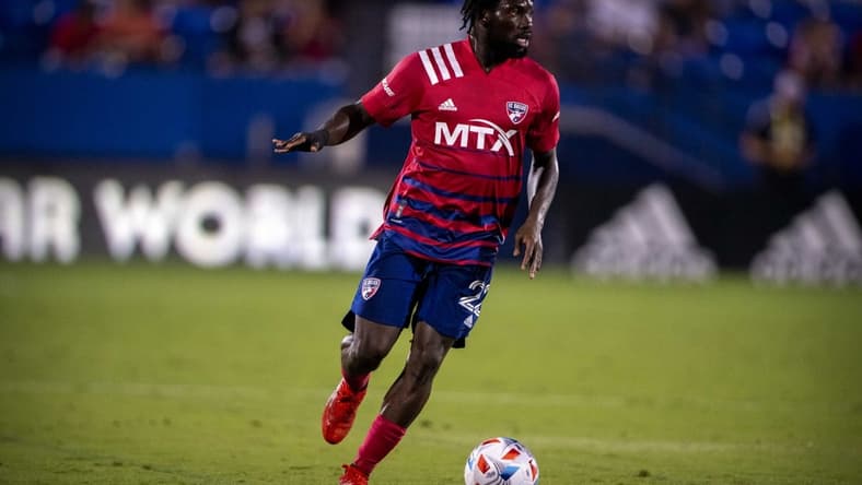 Oct 2, 2021; Frisco, Texas, USA; FC Dallas defender Ema Twumasi (22) in action during the game between FC Dallas and the Minnesota United at Toyota Stadium. Mandatory Credit: Jerome Miron-USA TODAY Sports