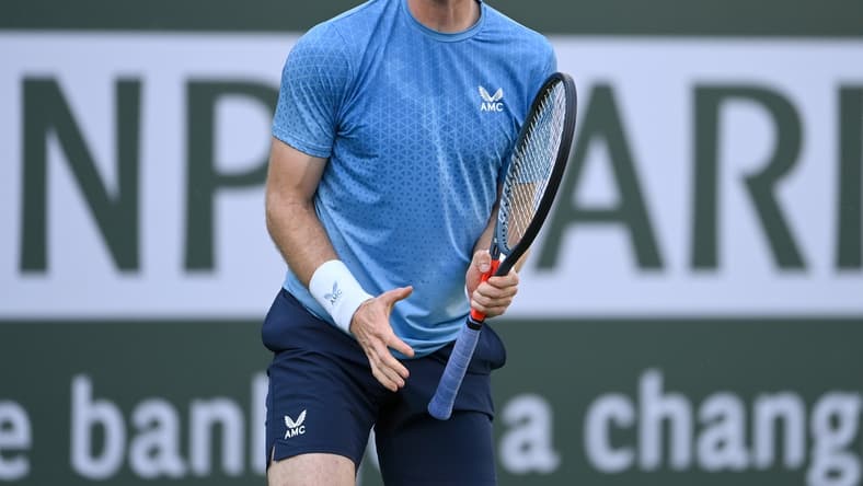 Oct 12, 2021; Indian Wells, CA, USA;  Andy Murray (GBR) reacts after missing a shot against Alexander Zverev (GER) during a third round match in the BNP Paribas Open at the Indian Wells Tennis Garden. Mandatory Credit: Jayne Kamin-Oncea-USA TODAY Sports