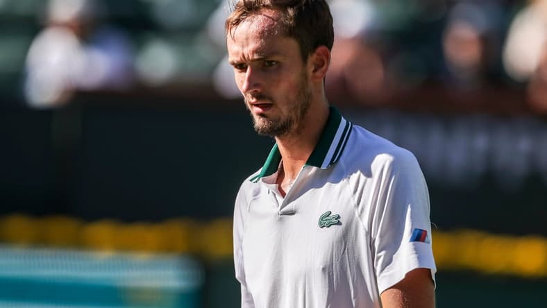 Daniil Medvedev of Russia reacts after losing a game to Grigor Dimitrov of Bulgaria during their round four match of the BNP Paribas Open, Wednesday, Oct. 13, 2021, in Indian Wells, Calif.