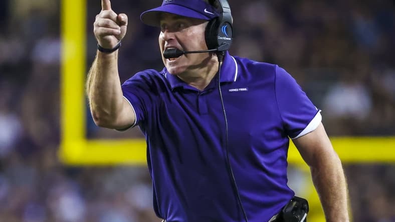 Oct 23, 2021; Fort Worth, Texas, USA; TCU Horned Frogs head coach Gary Patterson reacts during the first half against the West Virginia Mountaineers at Amon G. Carter Stadium. Mandatory Credit: Kevin Jairaj-USA TODAY Sports