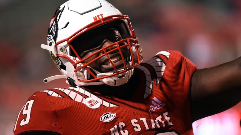 Oct 30, 2021; Raleigh, North Carolina, USA;  North Carolina State Wolfpack tackle Ikem Ekwonu (79) warms up prior to a game against the Louisville Cardinals at Carter-Finley Stadium. Mandatory Credit: Rob Kinnan-USA TODAY Sports