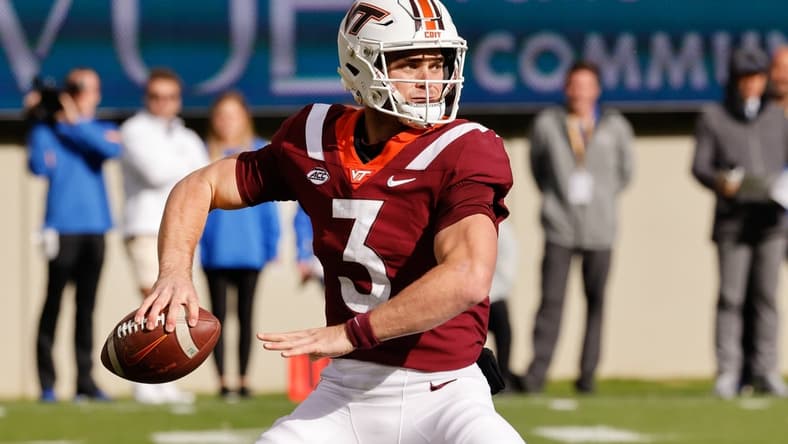 Oct 16, 2021; Blacksburg, Virginia, USA; Virginia Tech Hokies quarterback Braxton Burmeister (3) drops to throw a pass during the first quarter against the Pittsburgh Panthers at Lane Stadium. Mandatory Credit: Reinhold Matay-USA TODAY Sports