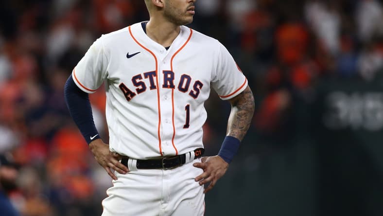 Nov 2, 2021; Houston, TX, USA; Houston Astros shortstop Carlos Correa (1) reacts after striking out against the Atlanta Braves during the sixth inning in game six of the 2021 World Series at Minute Maid Park. Mandatory Credit: Troy Taormina-USA TODAY Sports