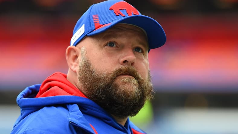 Oct 31, 2021; Orchard Park, New York, USA; Buffalo Bills offensive coordinator Brian Daboll prior to the game against the Miami Dolphins at Highmark Stadium. Mandatory Credit: Rich Barnes-USA TODAY Sports