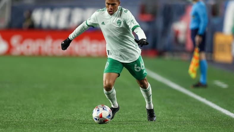 Oct 27, 2021; Foxborough, Massachusetts, USA; Colorado Rapids defender Lucas Esteves (66) possesses the ball during the first half against the New England Revolution at Gillette Stadium. Mandatory Credit: Paul Rutherford-USA TODAY Sports