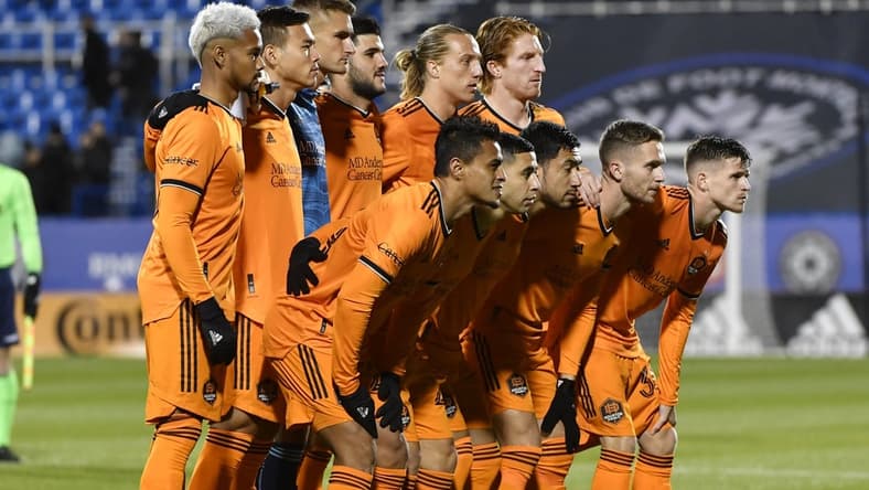 Nov 3, 2021; Montreal, Quebec, CAN; Houston Dynamo FC starting lineup poses for the team photographer before the game against the CF Montreal at Stade Saputo. Mandatory Credit: Eric Bolte-USA TODAY Sports