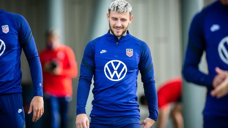 Nov 9, 2021; Milford, OH, USA; Paul Arriola, of the U.S. men's national team, prepares for practice at the Mercy Health Training Center, in Milford, on Tuesday, November 9, 2021. The team is training ahead of its fourth home match of the 2022 FIFA World Cup Qualifying campaign. USA is set to play Mexico on Friday, Nov. 12 at TQL Stadium. Mandatory Credit: Amanda Rossmann-USA TODAY NETWORK