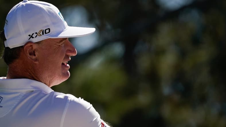 Nov 11, 2021; Phoenix, Arizona, USA; Ernie Els warms up on the practice range during the first round of the Charles Schwab Cup Championship golf tournament at Phoenix Country Club. Mandatory Credit: Allan Henry-USA TODAY Sports