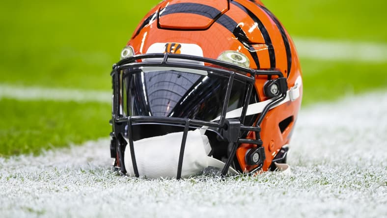Nov 21, 2021; Paradise, Nevada, USA; Detailed view of a Cincinnati Bengals helmet against the Las Vegas Raiders at Allegiant Stadium. Mandatory Credit: Mark J. Rebilas-USA TODAY Sports